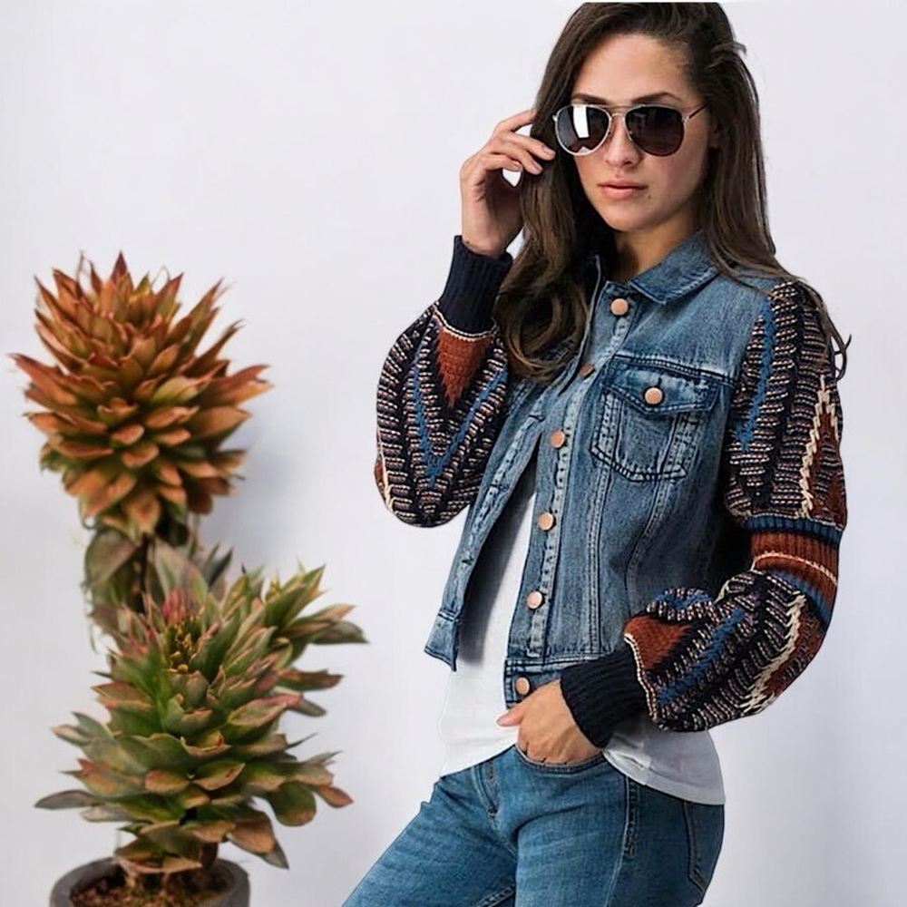 Flying Tomato Retro Vagabond Knit Balloon Sleeves Denim Jacket - Picture 9 of 16